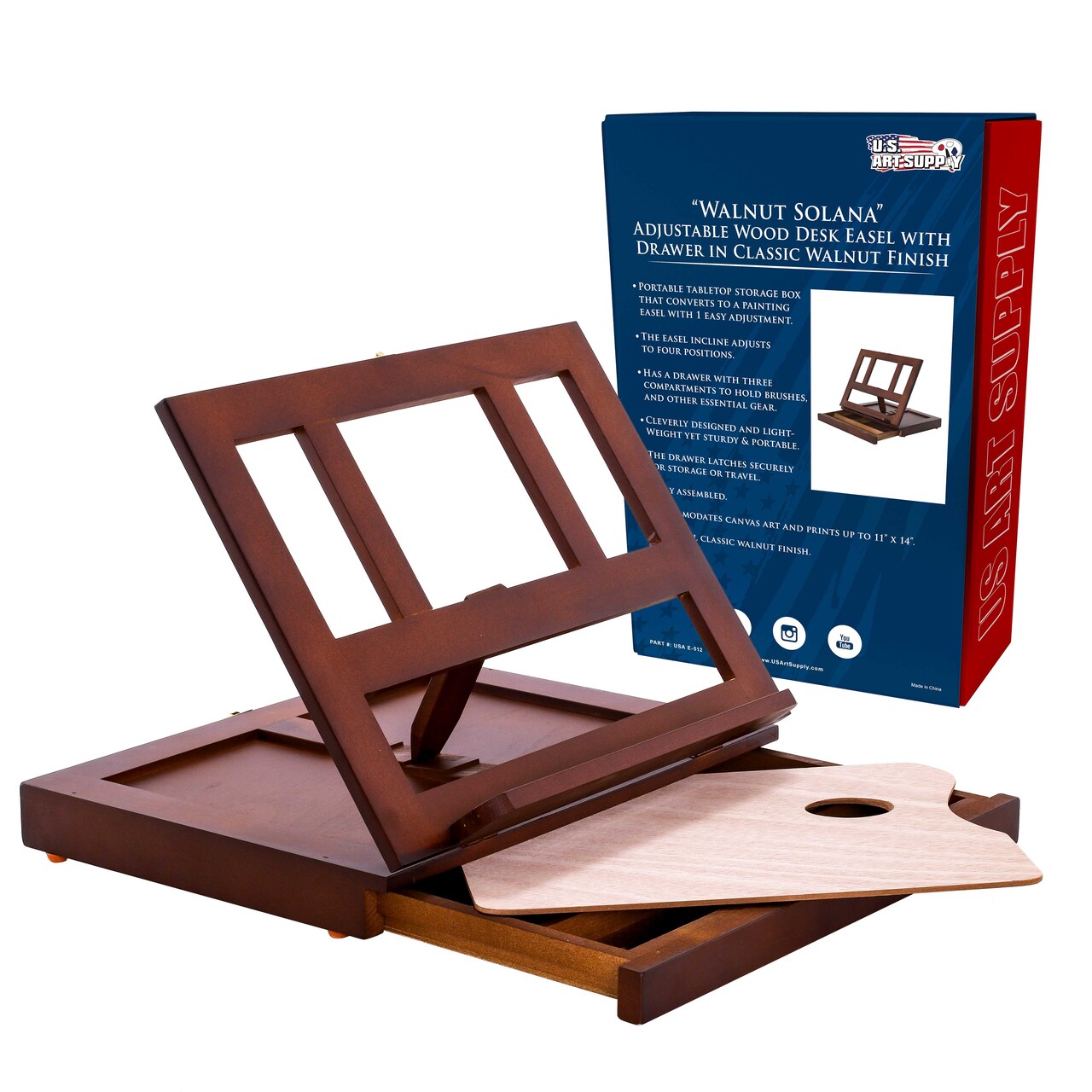 Walnut Adjustable Wooden Art Easel: Portable Tabletop Easel with Storage 3-Drawers & Paint Palette - Beechwood Table Top Easels for Painting, Canvas, Artist Stand & Drawing Board